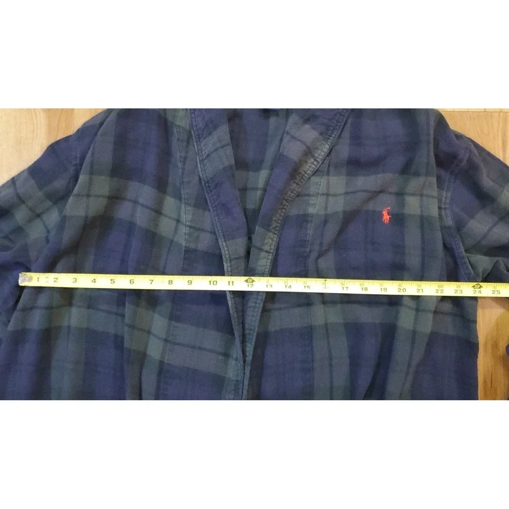 Polo Ralph Lauren Mens Plaid Flannel Robe Blue Green Size S/M 100% Cotton Pony